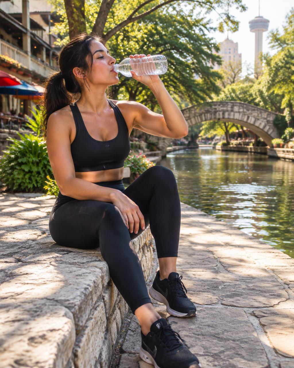 Woman drinking water by the San Antonio River Walk